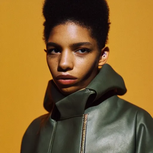 Prompt: realistic photoshooting for a new acne studio lookbook, color film photography, portrait of a beautiful woman, model wearing a leather jacket, by photo in style of tyler mitchell, 3 5 mm,
