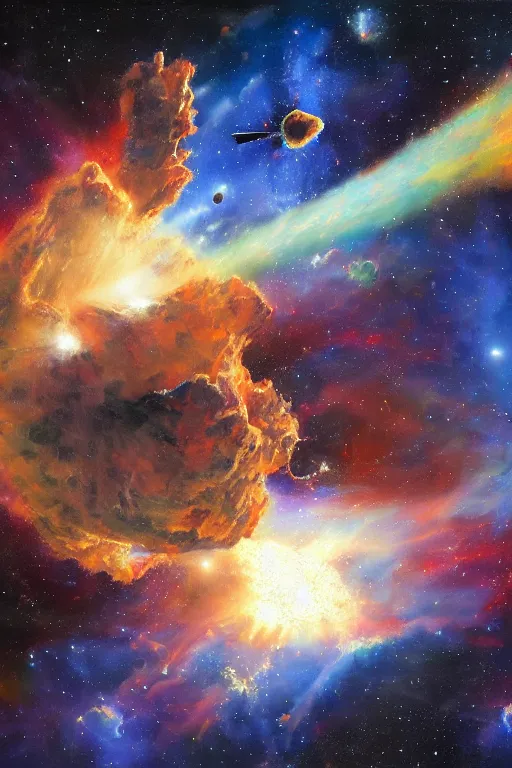 Prompt: Interior of NASA's crowded deep space lab with an exploding nebula in the background, very detailed, focused, oil painting, colorful, canvas, artstation, Antoine Pierre Mongin