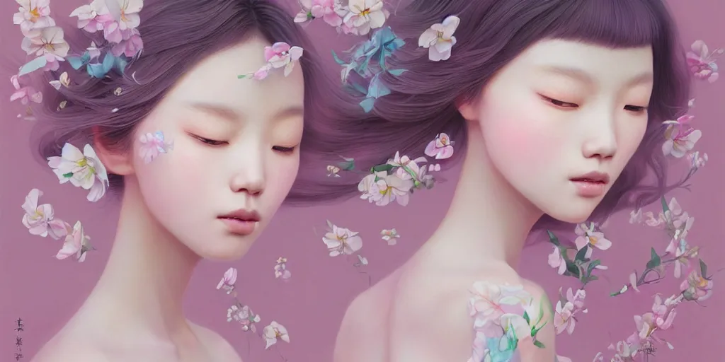 Image similar to highly detailed pastel colors of an ethereal asian beauty morphing gradually into flowers, by artgerm and hsiao - ron cheng, smooth composition, fine patterns and detail