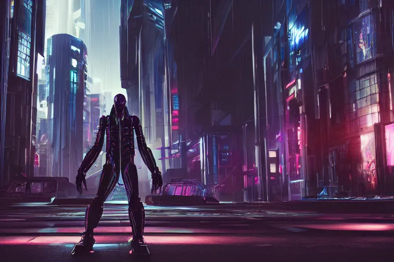 Image similar to cyberpunk alien concept inspired street, futuristic look, highly detailed body, very powerful, photorealistic camera shot, bright studio setting, studio lighting, crisp quality and light reflections, unreal engine 5 quality render