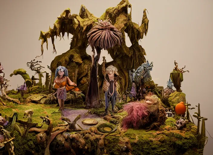 Image similar to detailed studio photography of a fantasy claymation diorama of the dark crystal, zeiss lens, detailed, by erwin olaf, joop geesink, wes anderson, jim henson, brian froud, breathtaking, 8 k resolution, beautiful lighting, studio light, extremely detailed, beautiful, establishing shot, realistic materials, weta digital fx manuka, unreal engine, hyperrealistic