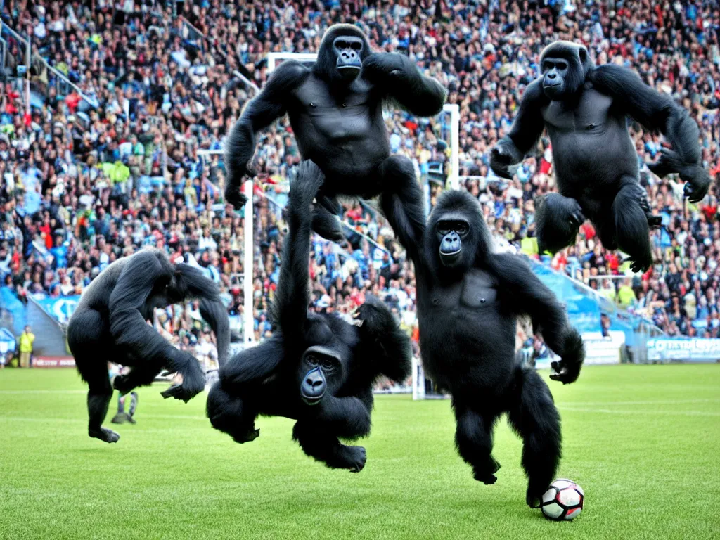 Image similar to a gorilla jumping to head the ball on a corner kick, vivid