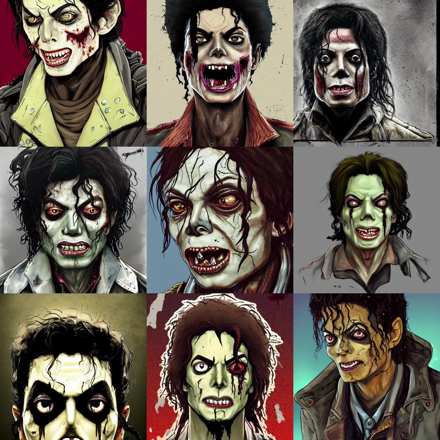 Prompt: zombie !!! michael jackson! cell shaded! smirk cutoff head portrait of half decomposing michael jackson! zombie as Borderlands 3 concept art, llustration, postapocalyptic grunge, concept art by Laurie Greasley, highly detailed, sharp focus, HQ, 4K ,art by Laurie Greasley