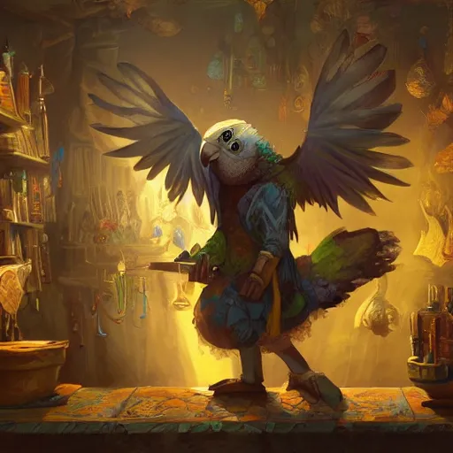 Image similar to Anthropomorphized Parrot shopkeeper, magic the gathering artwork, D&D, fantasy, shelves full, in shop, cinematic lighting, centered, highly detailed, digital painting, artstation, concept art, smooth, sharp focus, illustration, volumetric lighting, 8k, art by Akihiko Yoshida and Greg Rutkowski