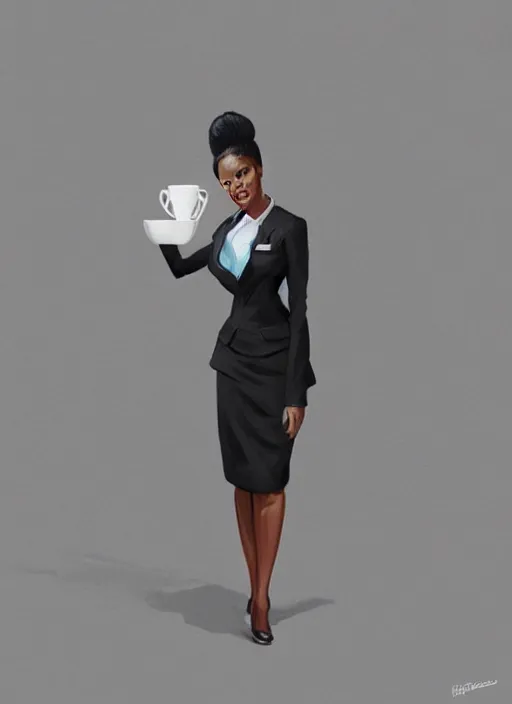 Prompt: detailed digital painting of beautiful black woman in corporate attire cell phone and steaming coffee mug, fanart behance trending on artstation, concept art, matte, sharp focus, illustration, corner office background, hearthstone, art by artgerm and greg rutkowski and alphonse mucha