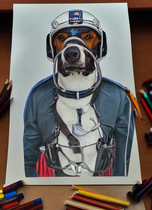 Image similar to detailed colored pencil drawing of an anthropomorphic dog pilot