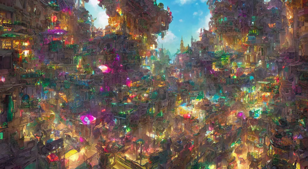 Image similar to bazaar zouk place aladin block greeble multicolorful sky shine mattepainting, street art, trending on artstation, by huang guangjian and gil elvgren and sachin teng