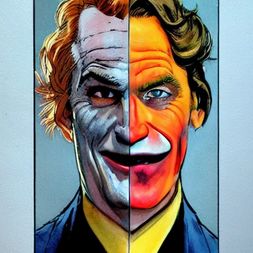 Image similar to photorealistic picture, comic panel by bob peak and alex ross, about arthur fleck joker story, gouache and wash paints, fine details, fine intricate, fine facial proportionate, fine body proportionate, fine fix broken line, fine fix duplicate line, fine background proportionate, smooth focus, sharp details, bokeh, 4 k, fine 5 k details