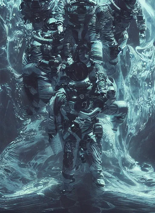 Image similar to astronauts in dark void underwater - complex and hyperdetailed technical suit. reflection and dispersion materials. rays and dispersion of light. volumetric light. f / 3 2. noise film photo. flash photography. ultra realistic, wide angle. poster by wayne barlowe, hajime sorayama aaron horkey, craig mullins