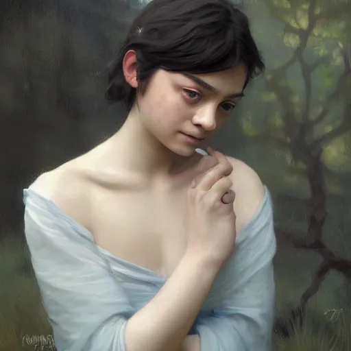 Image similar to expressive oil painting of arya stark at borobudur, smooth glowing skin, glamour shot, by yoshitaka amano, by bouguereau, bygreg rutkowski, by jeremy lipking, by artgerm, digital art, octane render