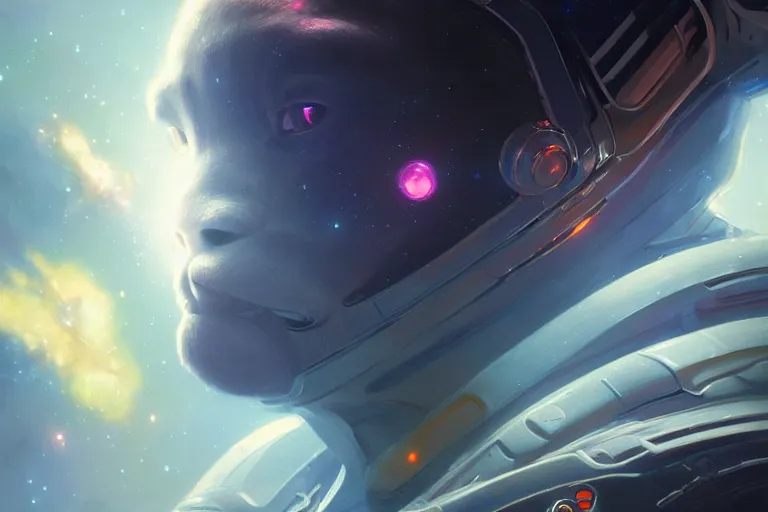 Image similar to portrait of a futuristic bulldog in a spacesuit, a nebula supernova in space, portrait, intricate, digital painting, artstation, concept art, smooth, sharp focus, illustration, cinematic lighting, art by artgerm and greg rutkowski and alphonse mucha