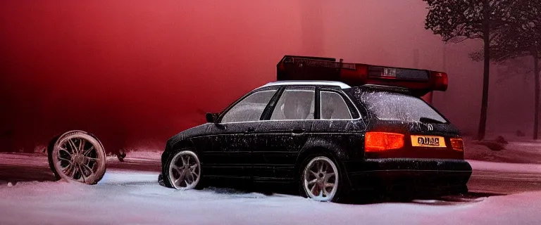 Image similar to Audi A4 B6 Avant (2002), a gritty neo-noir, dramatic lighting, cinematic, eerie person, death, homicide, homicide in the snow, gunshots, establishing shot, extremely high detail, photorealistic, red mist, red fog, chaos, arson, burning city, cinematic lighting, artstation, by simon stalenhag, Max Payne (PC) (2001) winter New York at night, In the style of Max Payne 1 graphic novel, flashing lights, Poets of the Fall - Late Goodbye