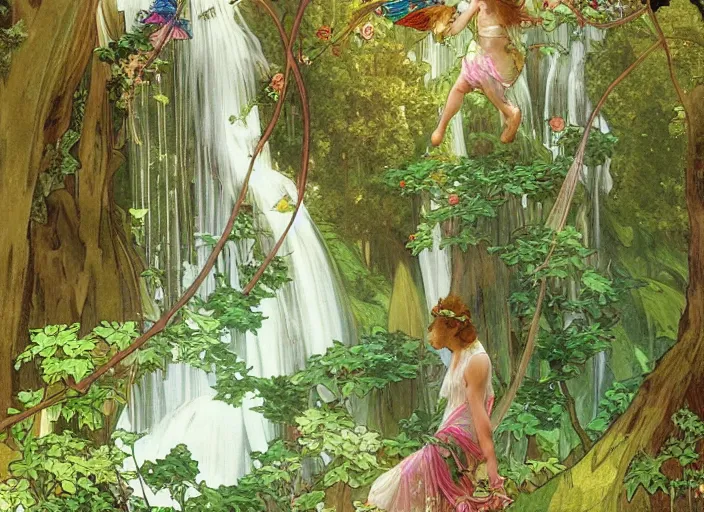 Prompt: bird's eye view, magical forest with a waterfall, lush trees, three fairies dancing around a maypole, magical, vivid colors, rule of thirds, a fantasy digital painting by alphonse mucha and john william waterhouse, trending on artstation, highly detailed, sharp lines