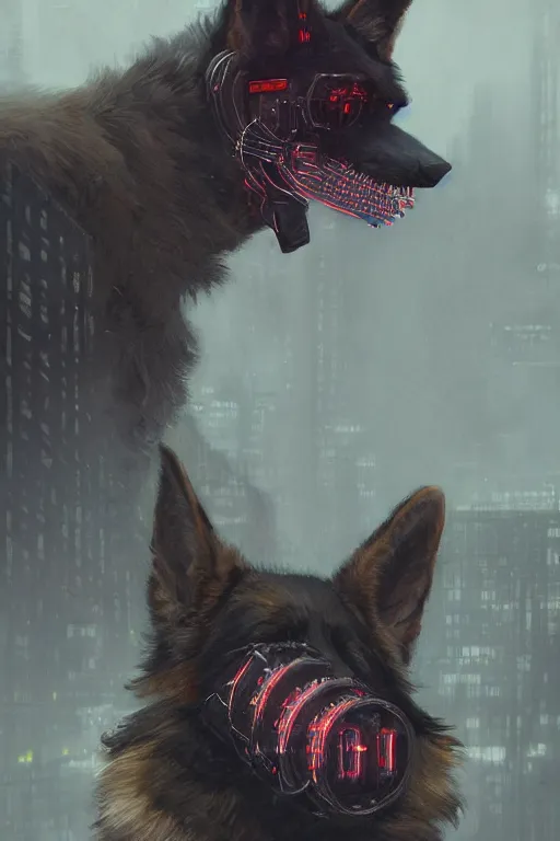 Image similar to new york city portrait of furry anthro anthropomorphic german shepard head animal person fursona wearing clothes strange cybernetic augmentations cyber muzzle gloomy rainy cyberpunk digital art by Greg Rutkowski, Simon Stalenhag, trending on Artstation, CGSociety