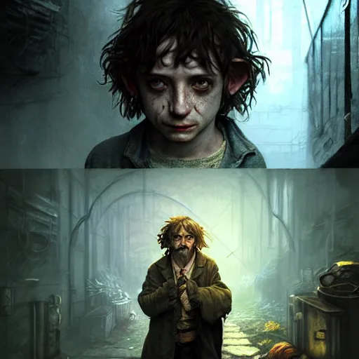 Image similar to Drug addict hobbit with crazy eyes smoking in a dark alley, ultra realistic, concept art, intricate details, dark, highly detailed, photorealistic, octane render, 8k, unreal engine, art by artgerm and greg rutkowski and alphonse mucha