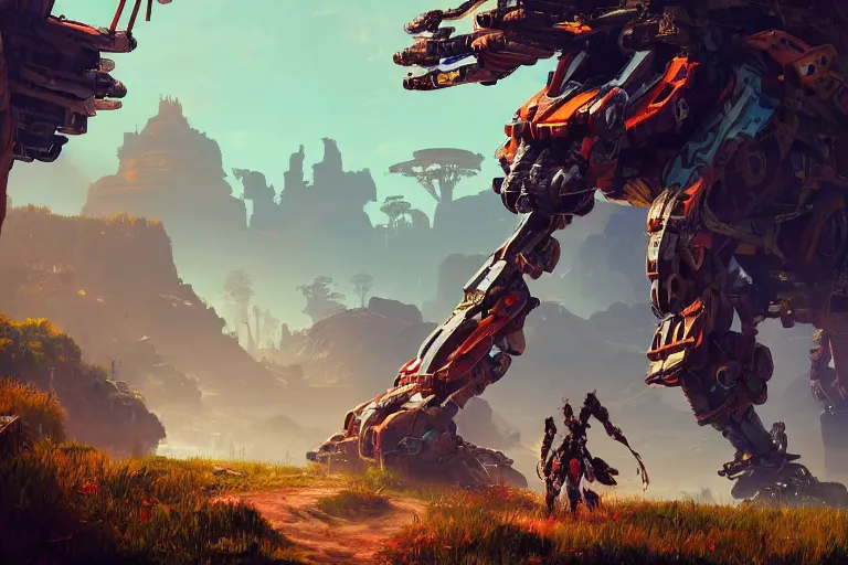 Image similar to scrapper machine mecanical creature robot of horizon forbidden west horizon zero dawn radiating a glowing aura global illumination ray tracing hdr fanart arstation by ian pesty and alena aenami artworks in 4 k