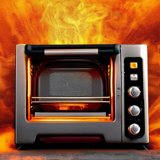 Prompt: toaster oven hangig by metallic cables, symmetry, dark messy smoke - filled cluttered workshop, dark, dramatic lighting, orange tint, sparks, cinematic, highly detailed, sci - fi, futuristic, movie still