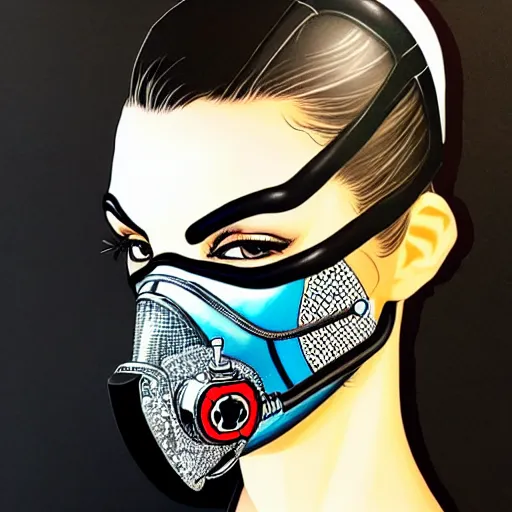 Image similar to portrait of a female diver with a oxygen mask intricate detailed mask with front profile by MARVEL comics and Sandra Chevrier