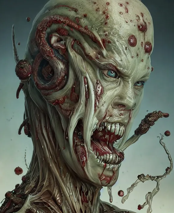 Image similar to portrait of a bloodied intricate geometric slime dripping genderless insect alien monster, muscles, rippling, space warping and twisting, ultra realistic, concept art, intricate details, eerie, highly detailed, photorealistic, octane render, 8 k, unreal engine. art by artgerm and greg rutkowski and alphonse mucha