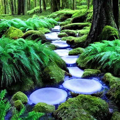 Image similar to 3 0 round pools of water in a forest, the wood between the worlds, narnia, lush green forest, moss and ferns, ferns,