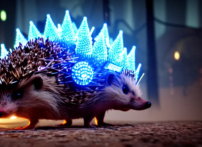 Image similar to intricate hedgehog with leds instead of needles, on the background of a weird magical mechanical forest. Very detailed 8k. Fantasy cyberpunk horror. Sharp. Cinematic post-processing. Unreal engine. Nanite. Ray tracing. Parallax. Tessellation