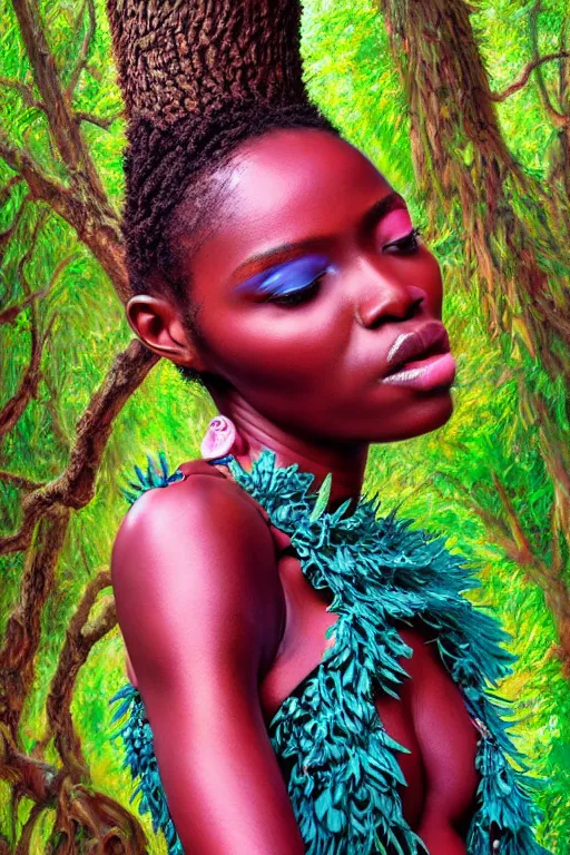 Image similar to hyperrealistic post - baroque masterpiece super expressive! yoruba goddess with pink exoskeleton armor, merging with tree in a forest, highly detailed digital art cinematic, smooth cam de leon eric zener dramatic pearlescent soft teal light, ground angle hd 8 k, sharp focus