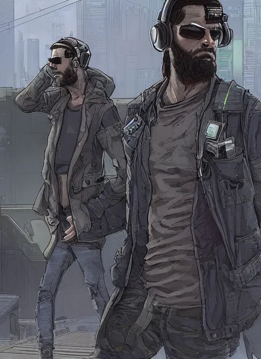 Image similar to Confident Ezra. clever cyberpunk mercenary wearing a cyberpunk headset, military vest, and pilot jumpsuit. bearded face. Realistic Proportions. Concept art by James Gurney and Laurie Greasley. Moody Industrial skyline. ArtstationHQ. Creative character design for cyberpunk 2077.