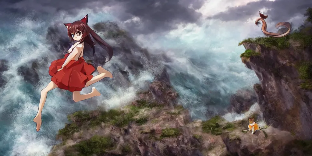 Image similar to anime catgirl jumping through a precipice on the coast up high, waves shattering on the rock, dramatic atmosphere, gloomy rainy weather, cinematic