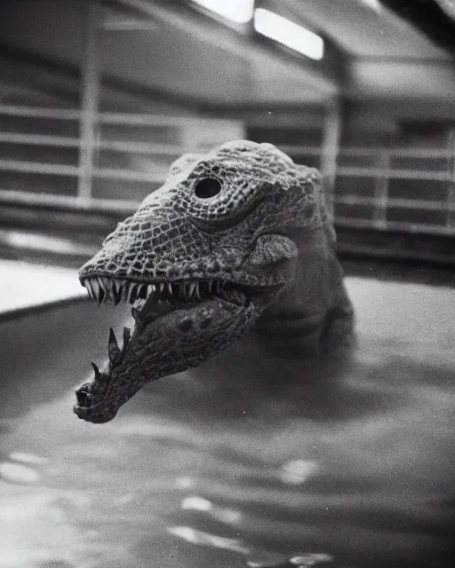 Prompt: terrifying, reptilian humanoid monstrous creatures of the abyss, lurking in a public swimming pool, liminal spaces, occult gathering, 3 5 mm film photo, film grain