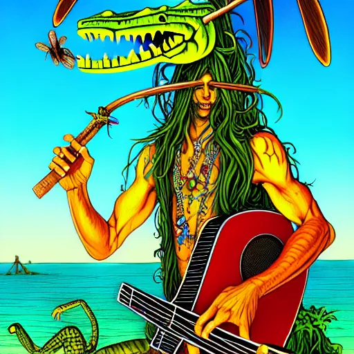 Image similar to amphibious pagan hippy god with crocodilian head and mantis wings. he holds a guitar and smokes a coconut pipe. vivid tones. smooth concept art, 4 k matte portrait by rebecca guay and dan mumford, trending on artstation, pagan wicca. delightful charming digital painting
