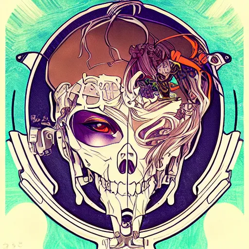 Image similar to anime manga skull portrait young woman hair cyborg robo mecha skeleton illustration style by Alphonse Mucha warhol pop art nouveau