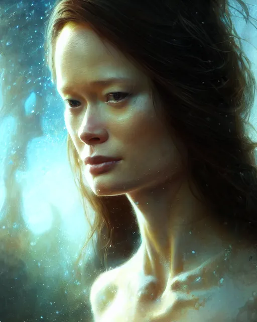 Image similar to summer glau, 8 k, micro detail, wide - angle portrait, by android jones and greg rutkowski, gaston bussiere, craig mullins, cinematic lighting, trending on artstation, volumetric dust, intricate, elegant, pro photography