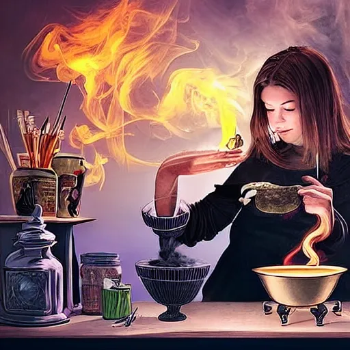 Image similar to teen witch mixing a spell in a cauldron, wispy smoke, studio lighting, a tabby cat watches her work, light is coming out of the cauldron, ingredients on the table, apothecary shelves in the background