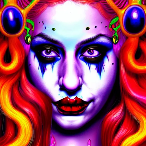 Prompt: an extremely psychedelic portrait of harley quinn as medusa, surreal, lsd, face, detailed, intricate, elegant, lithe, highly detailed, digital painting, artstation, concept art, smooth, sharp focus, illustration