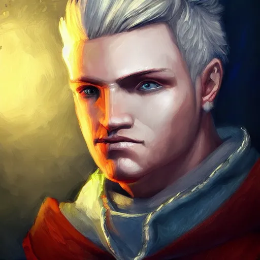 Prompt: dragon age varric blonde hair character portrait fancy oil painting warm light, bioware, fantasy