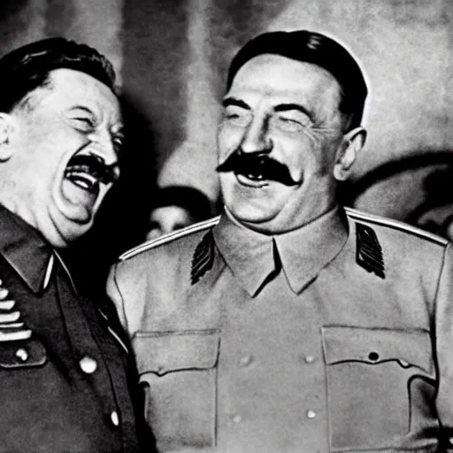 Image similar to stalin laughing along hitler in a ww 2 photograph