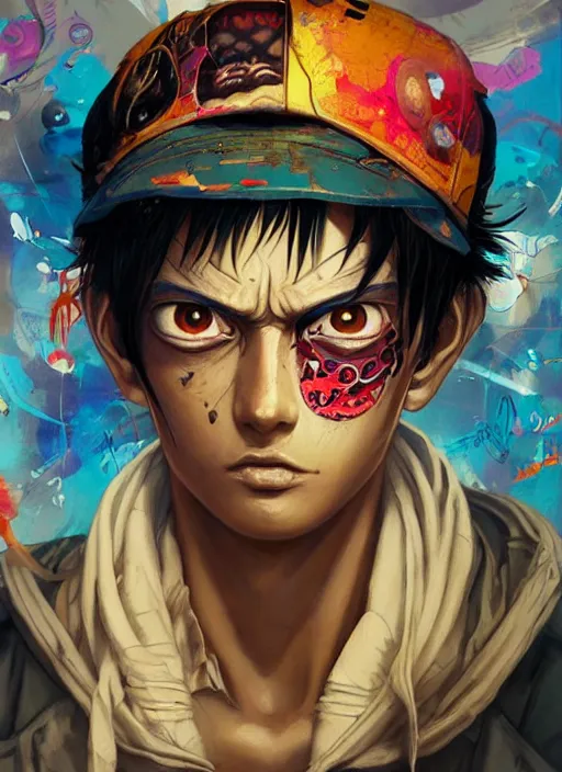 Prompt: beautiful portrait of Lofi cyberpunk Luffy, by Tristan Eaton, Stanley Artgermm, Tom Bagshaw, Greg Rutkowski, Carne Griffiths. trending on DeviantArt, face enhance, hyper detailed, trending on Artstation, 8k, masterpiece, graffiti paint, fine detail, full of color, intricate detail, golden ratio illustration