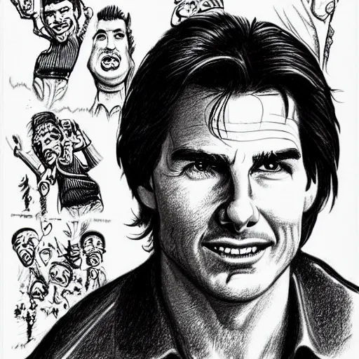 Image similar to a portrait drawing of Tom Cruise drawn by Robert Crumb