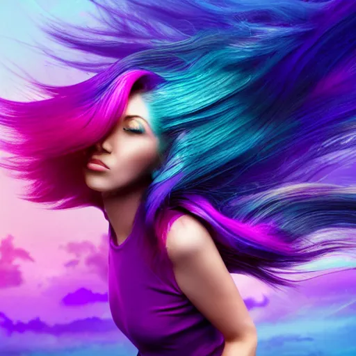 Image similar to a award winning full body shot of a beautiful woman in a croptop with a ombre purple pink teal hairstyle with head in motion and hair flying, outrun, vaporware, vivid colors, highly detailed, fine detail, intricate