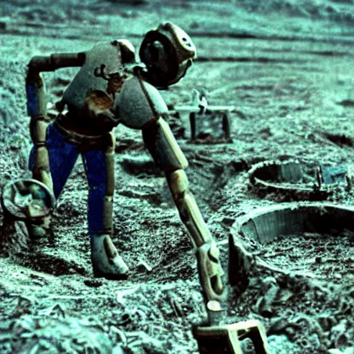 Image similar to robot archaeologist digging up the remains of human civilisation cinematic realistic 3 5 mm