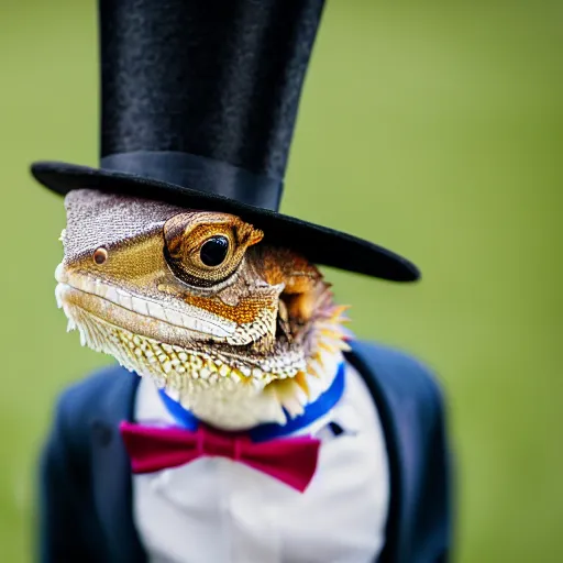 Image similar to dslr portrait still of a bearded dragon wearing a top hat and bow tie, 8 k 8 5 mm f 1. 4