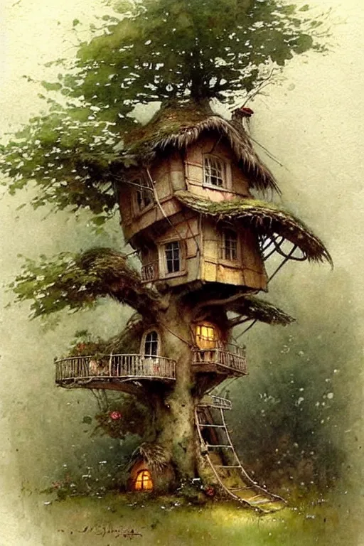 Prompt: (((((1950s fairy tale cottage tree house . muted colors.))))) by Jean-Baptiste Monge !!!!!!!!!!!!!!!!!!!!!!!!!!!