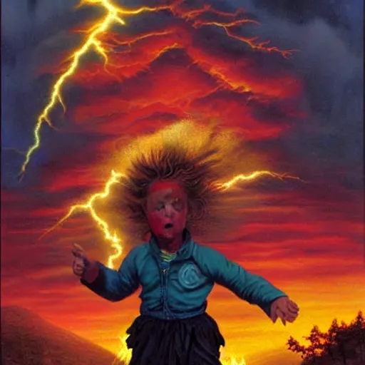 Image similar to a running child surrounded covered, lightning, vapor, mist, smoke, blood drops, fire, a highly detailed matte painting by John Philip Falter and Jason Edmiston