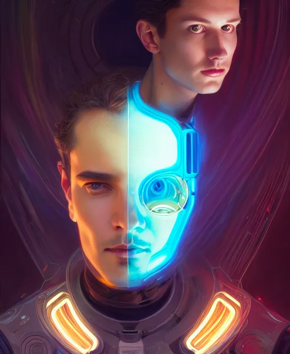 Image similar to a whirlwind inside the metaverse, guy, male, man, hologram, half body, neurochip, android, cyborg, cyberpunk face, by loish, d & d, fantasy, intricate, elegant, highly detailed, colorful, digital painting, artstation, concept art, art by artgerm and greg rutkowski and alphonse mucha