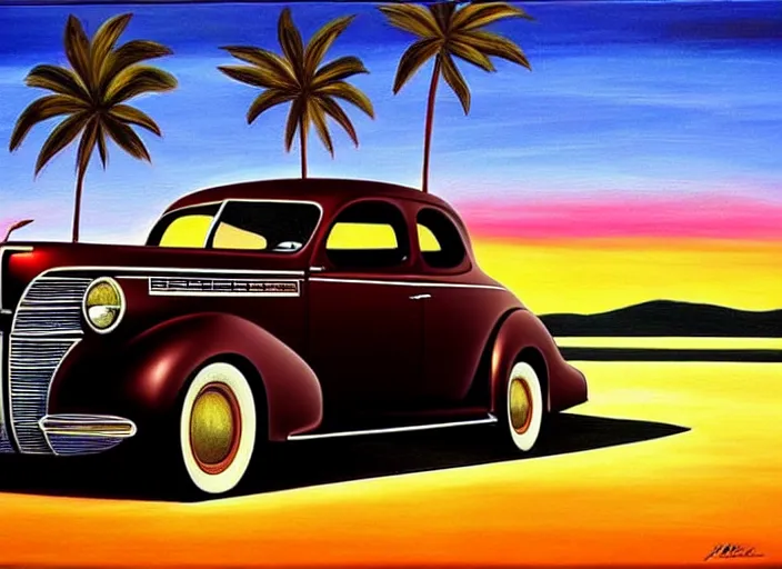 Prompt: beautiful painting, 1 9 3 7 pontiac sedan, two tone, tan with dark brown fenders, palm trees in the background, sunset, dramatic lighting
