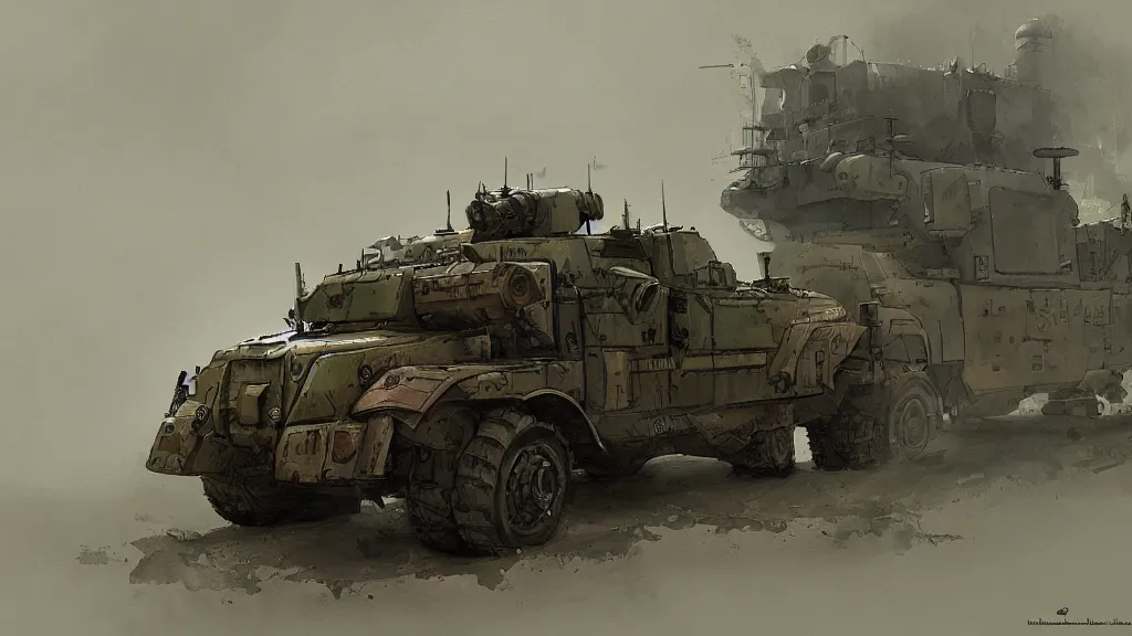 Image similar to overview of dieselpunk armored personnel carrier, watercolored, jakub rozalski, dark colours, dieselpunk, artstation