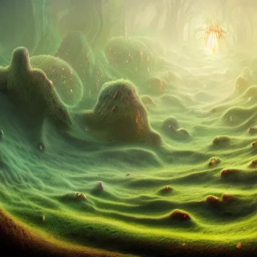 Prompt: surreal fungal realm, multidimensional, fantasy, trending on artstation, beautiful, landscape, weird, valley, field, liquid