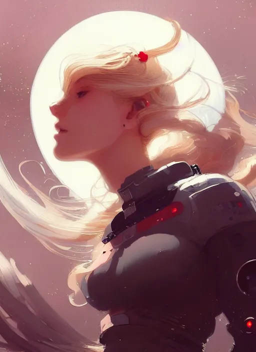 Prompt: highly detailed portrait of a hopeful pretty astronaut lady with a wavy blonde hair, by Greg Tocchini, by Greg Rutkowski, by Dustin Nguyen, by Ilya Repin, by John William Waterhouse, by Cliff Chiang, 4k resolution, nier:automata inspired, bravely default inspired, vibrant but dreary but upflifting red, black and white color scheme!!! ((Space nebula background))