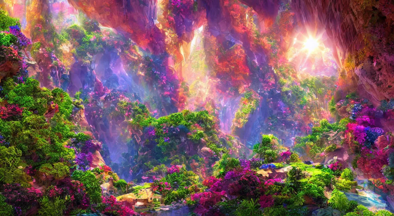 Image similar to biological crystallographic lattice bridging megastructure, in a canyon with flowers and lots of colors, by jack oliva - rendler, by glenn small, by albert bierstadt, photorealistic, zaha hadid, god rays, volumetric lighting, detailed, extremely intricate, raytrace, octane, light fog, neon