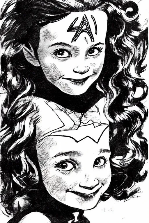 Prompt: a little girl with a mischievous face and light brown curly wavy hair. she is dressed as captain america, spider - man, batman, captain marvel, a superhero. clean elegant painting, beautiful detailed face. by steve ditko